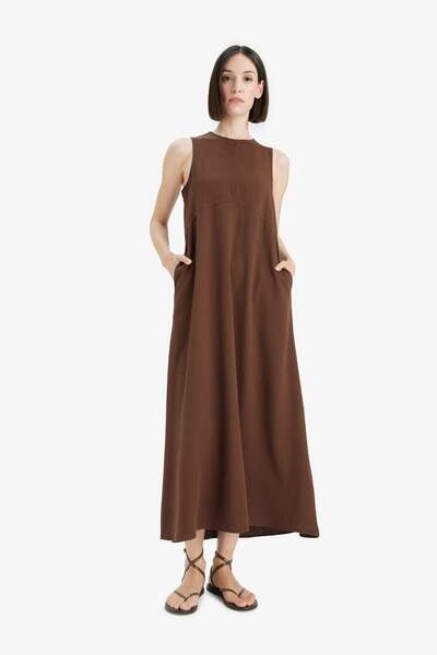DeFacto Bisiklet Yaka Keten Karışımlı Kolsuz Maxi Elbise E6022AX25SM