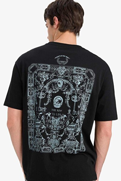 DeFacto %100 Pamuk Boxy Fit Bisiklet Yaka Sırt Baskılı Kısa Kollu Tişört F576...