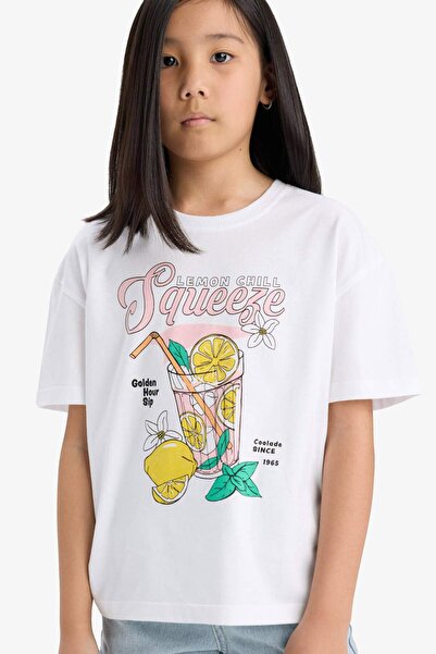 DeFacto Релакс Fit велосипедна блуза с къс ръкав и принт на врата за момичета...