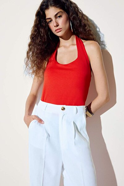 DeFacto Slim Fit Damen Crop Halter-Neck Rote Bluse F6279AX25SM