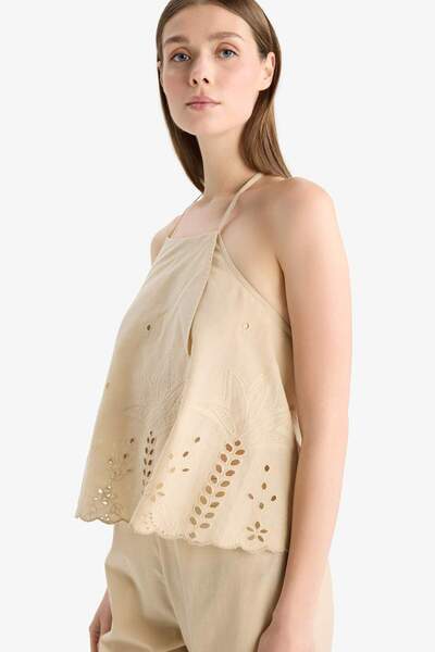 DeFacto 100% pamuk Regular Fit Broderija Izrez Na vezivanje Bluza E0601AX25SM