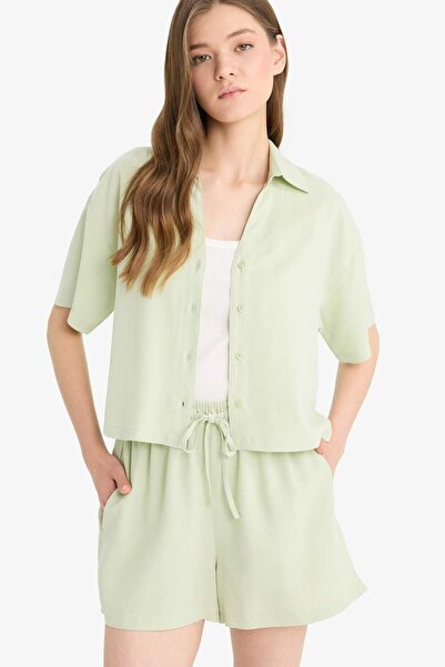 DeFacto Übergroßes, lockeres, kurzärmliges weißes Hemd aus Leinenmischung C38...