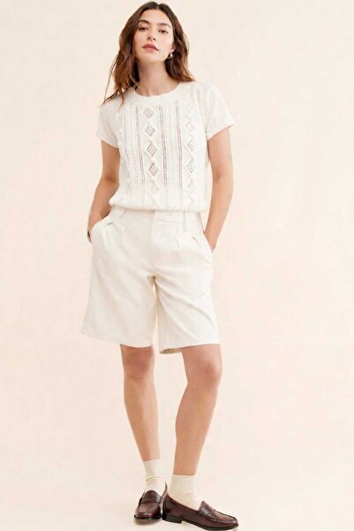 POİNE Delikli Ajurlu Elmas Örgü Detaylı Triko T-shirt - Ekru