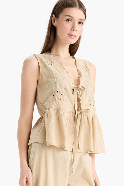 DeFacto 100% bumbac, croială normală, broderie, cu legătură în față, top alb ...