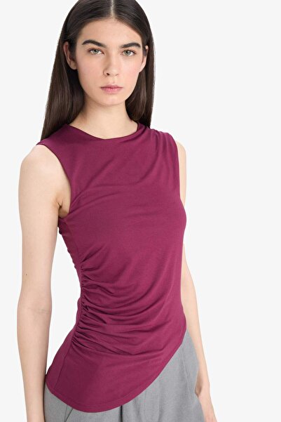 DeFacto Slim Fit Slim Fit Crew Neck Basic Plain Asymmetric Cut Draped Tank To...