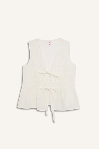 DeFacto 100% bumbac, croială normală, broderie, cu legătură în față, top alb ...