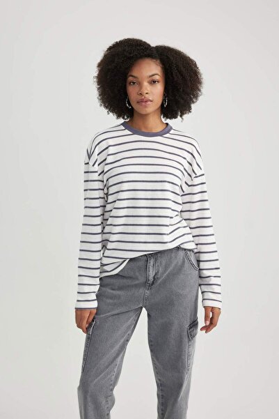 DeFacto guler rotund Tricou cu mânecă lungă în dungi B7847AXNS