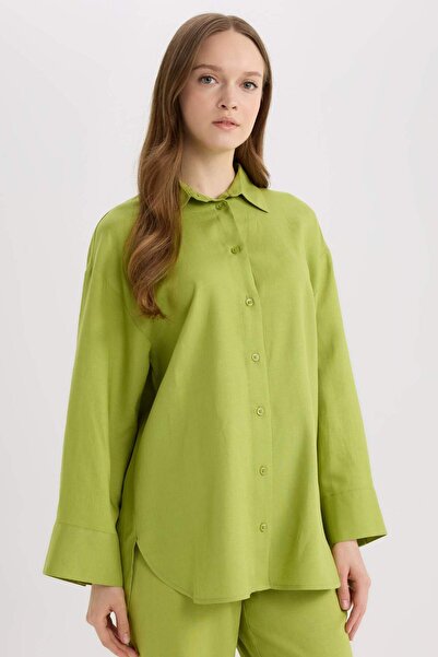 DeFacto Relax Fit Keten Karışımlı Uzun Kollu Gömlek Tunik D8183AX25SP