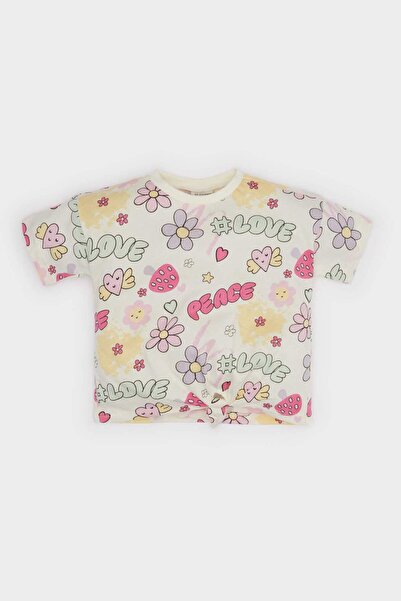 DeFacto Tricou cu mânecă scurtă cu decolteu rotund și imprimeu pentru fetițe ...