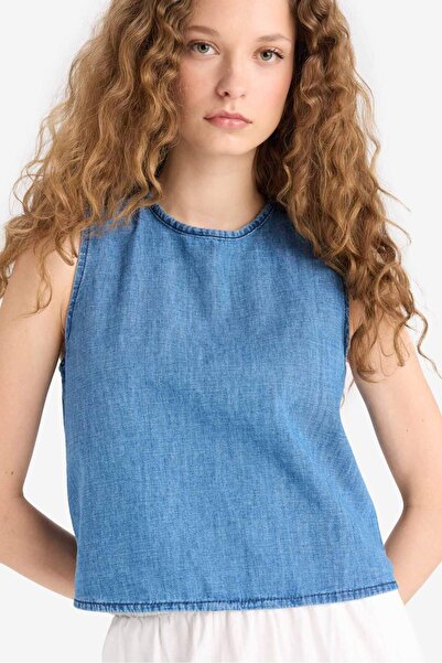 DeFacto 100 % Baumwolle, ärmellose Bluse mit Rundhalsausschnitt und Leinenopt...