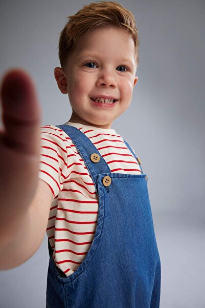 DeFacto 2'li Takım Çizgili Kısa Kollu Tişört Jean Salopet Tulum Erkek Bebek E...