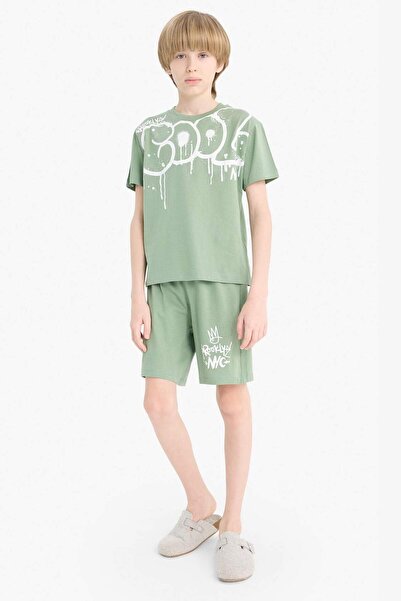 DeFacto 100% Cotton Regular Fit Printed Elastic Waist Pajama Set for Boys E00...