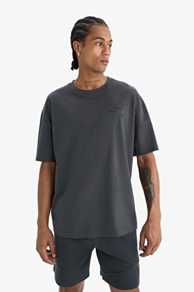 DeFacto Oversize Φαρδιά Εφαρμογή Μπλουζάκι με Στάμπα Crew Neck Αθλητικό Κοντο...