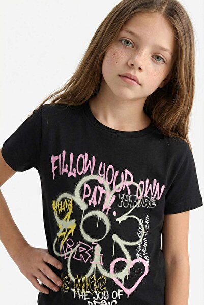 DeFacto Crew Neck Printed Short Sleeve T-Shirt Girls E0383A825Sm