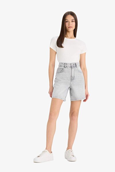 DeFacto %100 Pamuk Yüksek Bel Cepli Jean Bermuda Şort E4701AX25SM