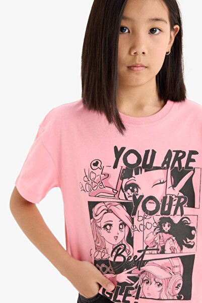 DeFacto Релакс Fit велосипедна блуза с къс ръкав и принт на врата за момичета...