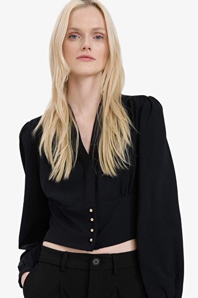 DeFacto Εφαρμοστή μακρυμάνικη μπλούζα από κρεπ με λαιμόκοψη V E6594AX25SP