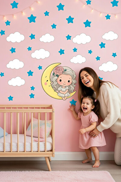 KT Decor Slatka devojčica, beli oblaci i plave zvezde, XXL set ogromnih zidni...