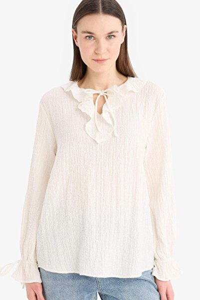 DeFacto Tunica bluză cu mânecă lungă cu textura seersucker cu guler cu șiretu...