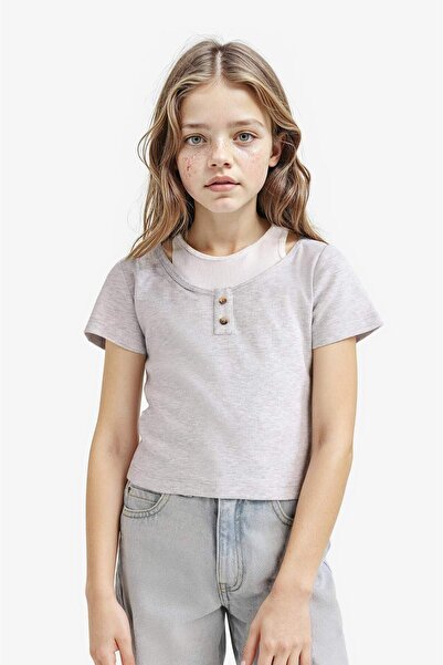 DeFacto Κοντομάνικο μπλουζάκι με λαιμόκοψη ποδηλάτου και ριμπ ύφανση για κορί...