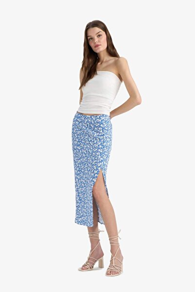 DeFacto Спідниця середньої довжини з високою талією та розрізом з квітковим п...