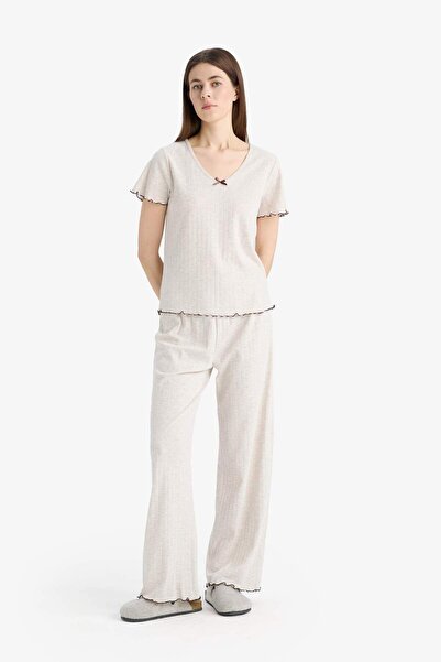 DeFacto Pajama Set Short Sleeve Top Elastic Waist Long Bottom E9229Ax25Sp