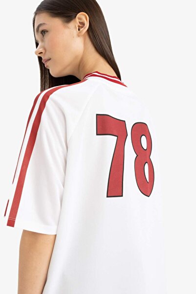 DeFacto Tricou cu mânecă scurtă cu imprimeu pe spate, cu decolteu în V, overs...