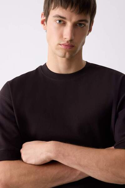 DeFacto Loose Fit Crew λαιμόκοψη κοντό μανίκι βαρύ ύφασμα Basic μονόχρωμο μπλ...