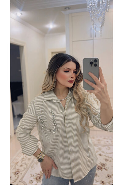 DENİZ Taş Detaylı Çizgili Modern Gömlek