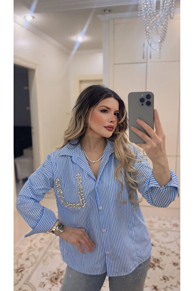 DENİZ Taş Detaylı Çizgili Modern Gömlek