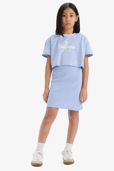 DeFacto Σετ 2τμχ κοτλέ πλέξη ριμπ Φόρεμα με τύπωμα κοντομάνικο μπλουζάκι για ...