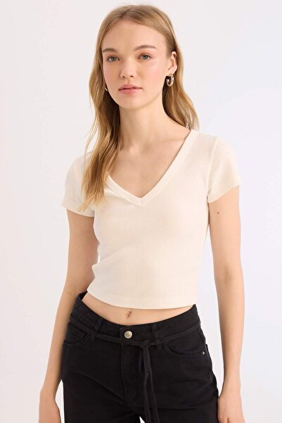 DeFacto Figurbetontes, geripptes Camisole-Basic-T-Shirt mit kurzen Ärmeln E02...