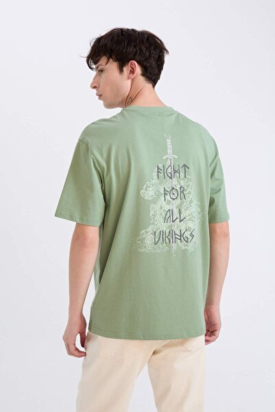 DeFacto 100% βαμβάκι Vikings Valhalla Boxy Fit Crew λαιμόκοψη με στάμπα μπλου...