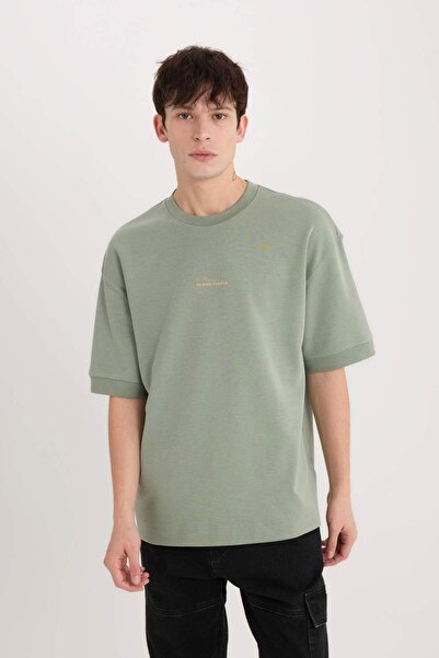 DeFacto Tricou din țesătură grea cu imprimeu Loose Fit Crew Deck D8462AX25SP