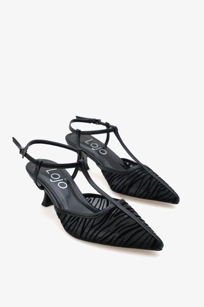 LOJO حذاء نسائي بمقدمة مدببة ومفتوح من الخلف تفاصيل تول كاجوال حذاء بكعب سانلايف