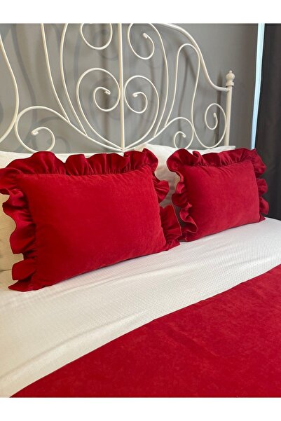 shules collection Double Red Ruffle Bed Runner and Throw Pillow Set