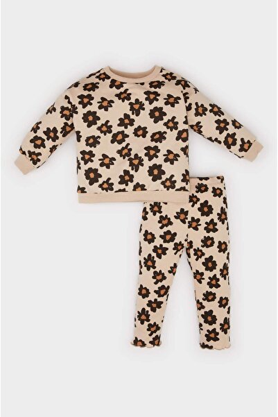 DeFacto طقم من قطعتين سويت شيرت مزين بالزهور مع خصر مطاطي من الأسفل للفتيات ا...