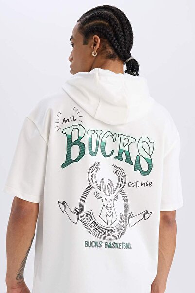 DeFacto Nba Milwaukee Bucks Oversized Wide Fit Hooded Back Printed Short Slee...