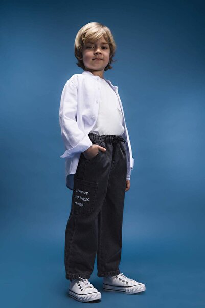 DeFacto Beli Lastikli Cepli Baskılı Jean Pantolon Erkek Bebek E0800A525SP