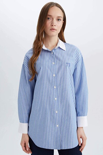 DeFacto Relax Fit Çizgili Poplin Uzun Kollu Gömlek Tunik E1756AX25SP