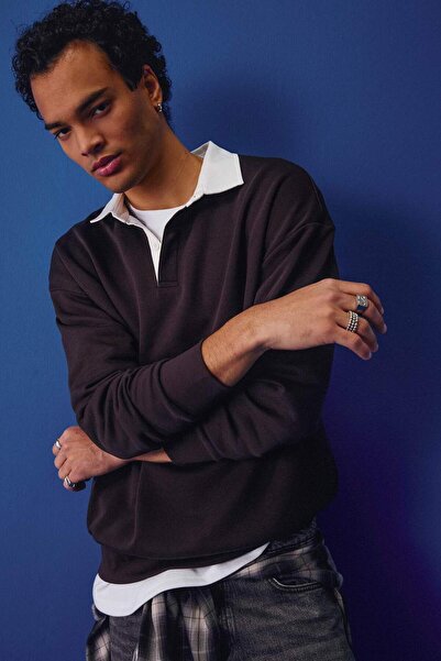 DeFacto Boxy Fit Polo Yaka Basic Düz Sweatshirt E6523AX24WN