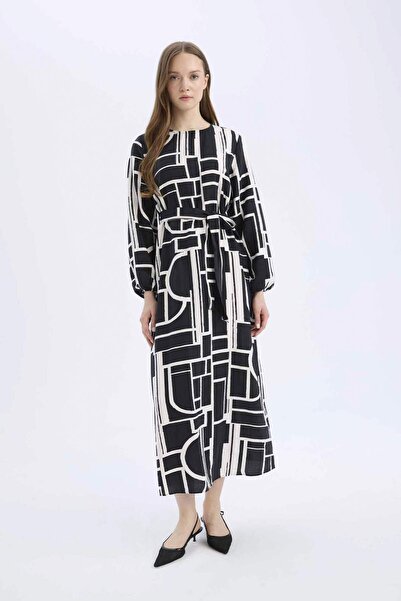 DeFacto Maxi šaty s dlouhým rukávem s potiskem vroubkovaného výstřihu Regular...