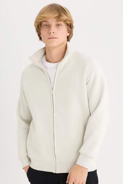 DeFacto Boxy Fit Dik Yaka Baskılı İçi Yumuşak Tüylü Fermuarlı Sweatshirt E136...