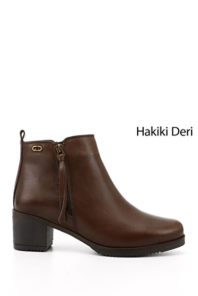 GÖNDERİ(R) Дамски кафяви антични боти от естествена кожа с цип и дебел ток