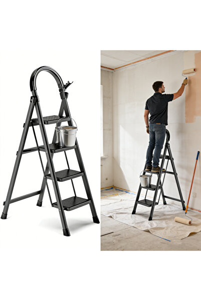 BESTONE Siyah 4 Basamaklı Katlanabilir Ev Merdiveni - Kaymaz Tabanlı Güvenli ...