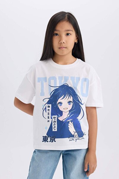 DeFacto Relax Fit Crew Neck Printed Short Sleeve T-Shirt Girl Child D8555A825Sp