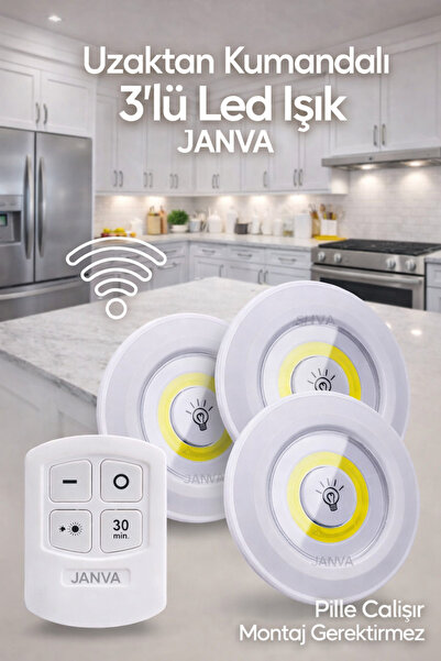 Janva Uzaktan Kumandalı 3 Lü Spot Led Lamba Kablosuz Pilli Işıldak Dolap Işığ...