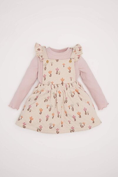 DeFacto Baby Girl 2'Li Set Floral Fitted Camisole Dress Long Sleeve Basic T-S...