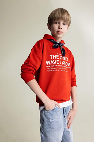 DeFacto سويت شيرت للأولاد مقاس كبير بغطاء رأس مطبوع D7399a825sp