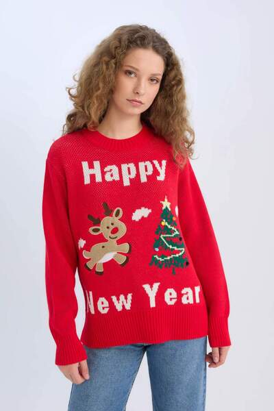DeFacto Christmas Themed Oversize Wide Fit Half Turtleneck Knitwear Sweater D...
